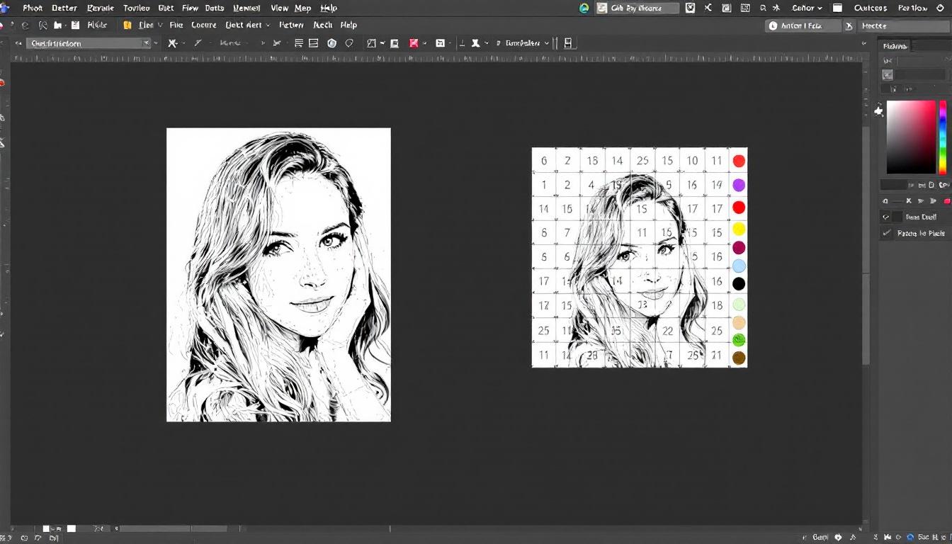 Computer screen showing GIMP photo editing software with paint-by-numbers conversion in progress