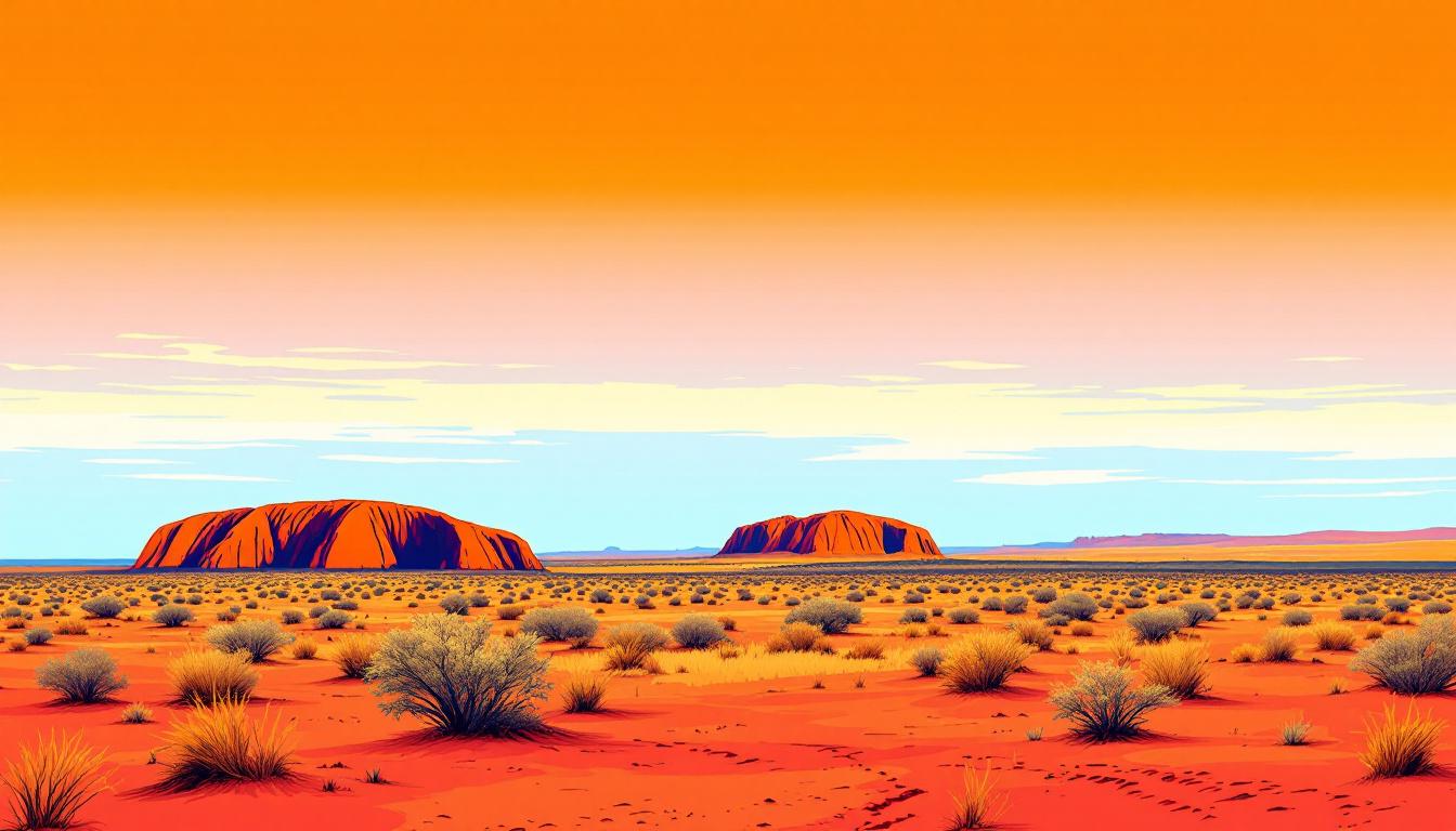 Australian outback paint by numbers featuring red center landscape with native desert flora and dramatic sky formations