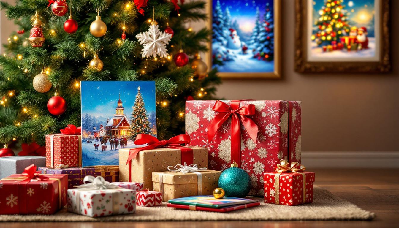 Christmas paint by numbers gifts under tree with finished holiday paintings displayed as decorations