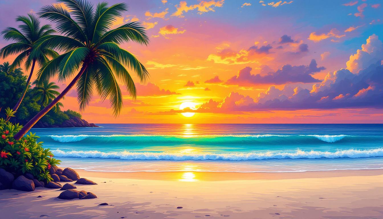 Golden orange sunset over turquoise ocean waves with palm tree silhouettes against colorful sky, perfect for tropical beach paint by numbers