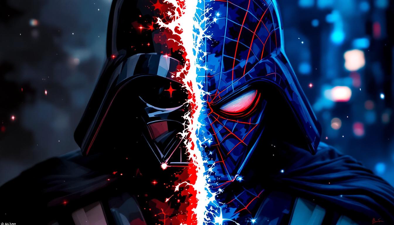 Split composition showing Darth Vader paint-by-numbers with dark, atmospheric tones on the left and vibrant Spider-Man paint-by-numbers with bright red and blue colors on the right, illustrating the visual style differences between franchises