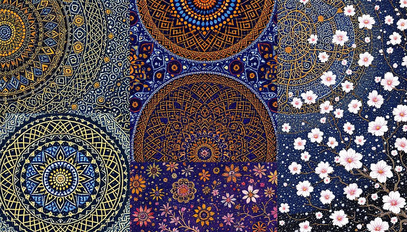 Cultural paint by numbers featuring mandala, Aboriginal, Celtic, and Japanese traditional art designs