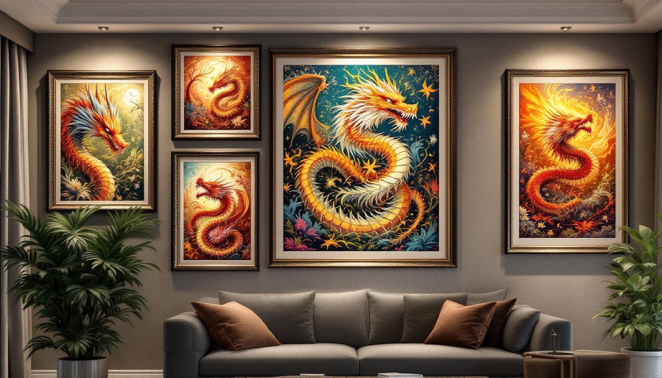 Elegant gallery wall showcasing framed dragon paint-by-numbers masterpieces with professional lighting and museum-quality presentation in sophisticated setting