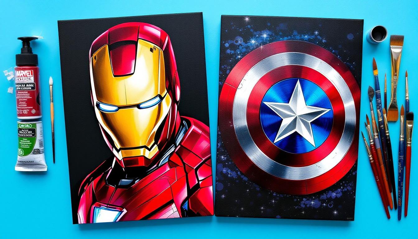 Two paint-by-numbers canvases side by side showing Iron Man's red and gold armor and Captain America's patriotic shield design, with metallic paints and fine detail brushes, demonstrating intermediate-level Marvel superhero painting challenges