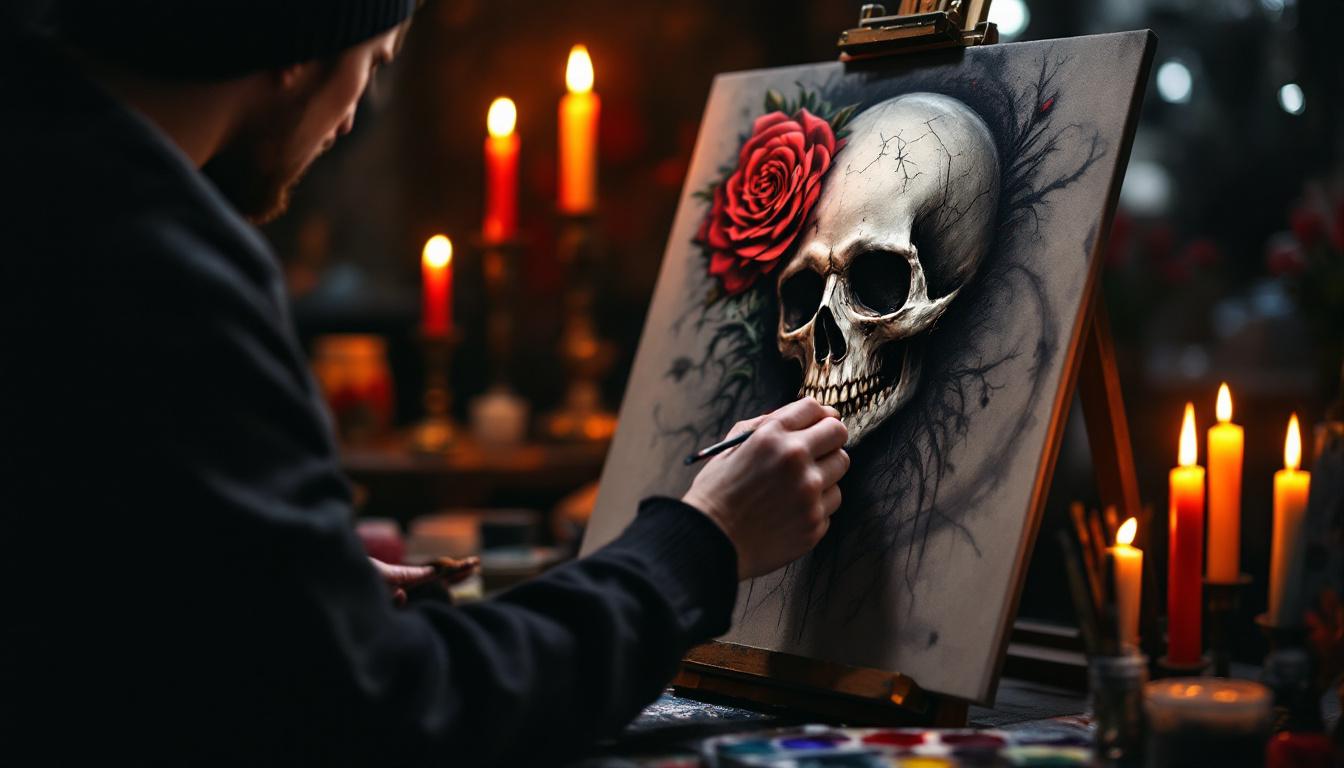Person painting gothic artwork at easel with skull and rose composition, dramatic candlelit atmosphere in art studio