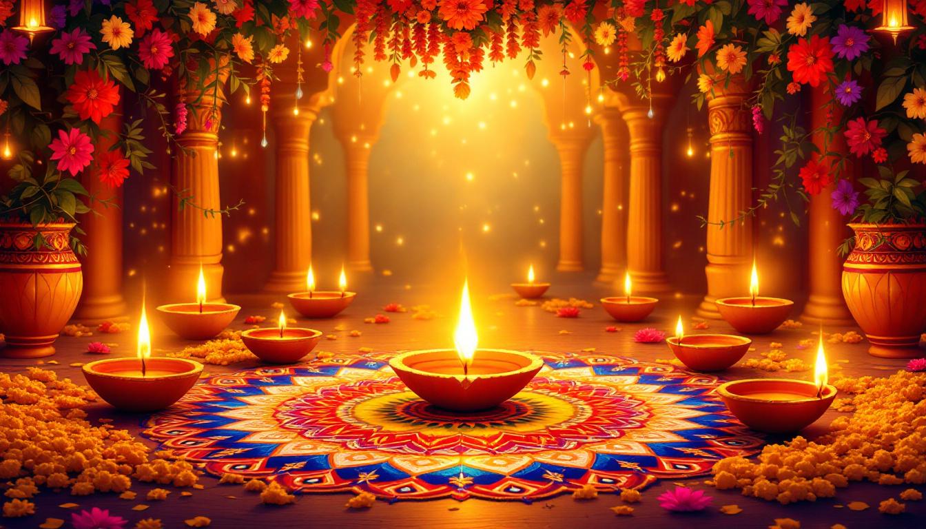 Vibrant Diwali celebration scene with traditional oil lamps, rangoli patterns, and festive decorations in paint-by-numbers style, capturing the joy of the Festival of Lights