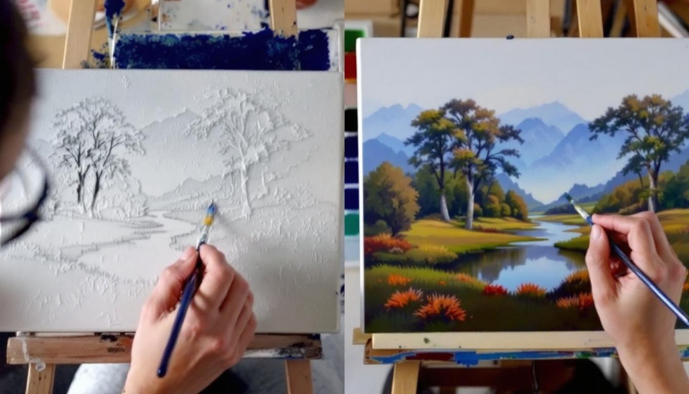 Hands demonstrating different painting techniques - confident brush strokes on textured canvas versus precise detail work on smooth paper surface