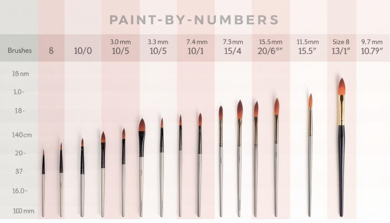 Paint-by-numbers brush size comparison chart showing sizes from 10/0 to size 8, arranged from smallest to largest