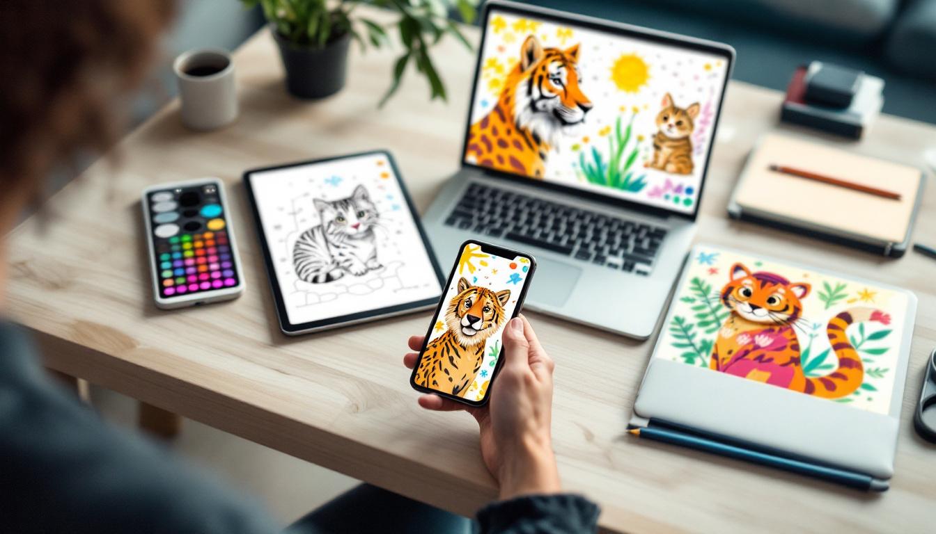 Modern workspace showing various devices with different digital paint-by-numbers apps and designs