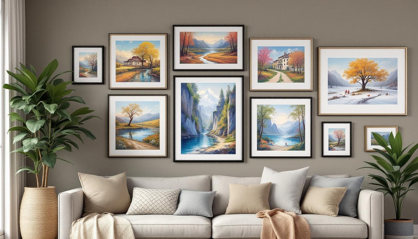 Gallery wall arrangement showing proper spacing and height for multiple framed paint-by-numbers artworks