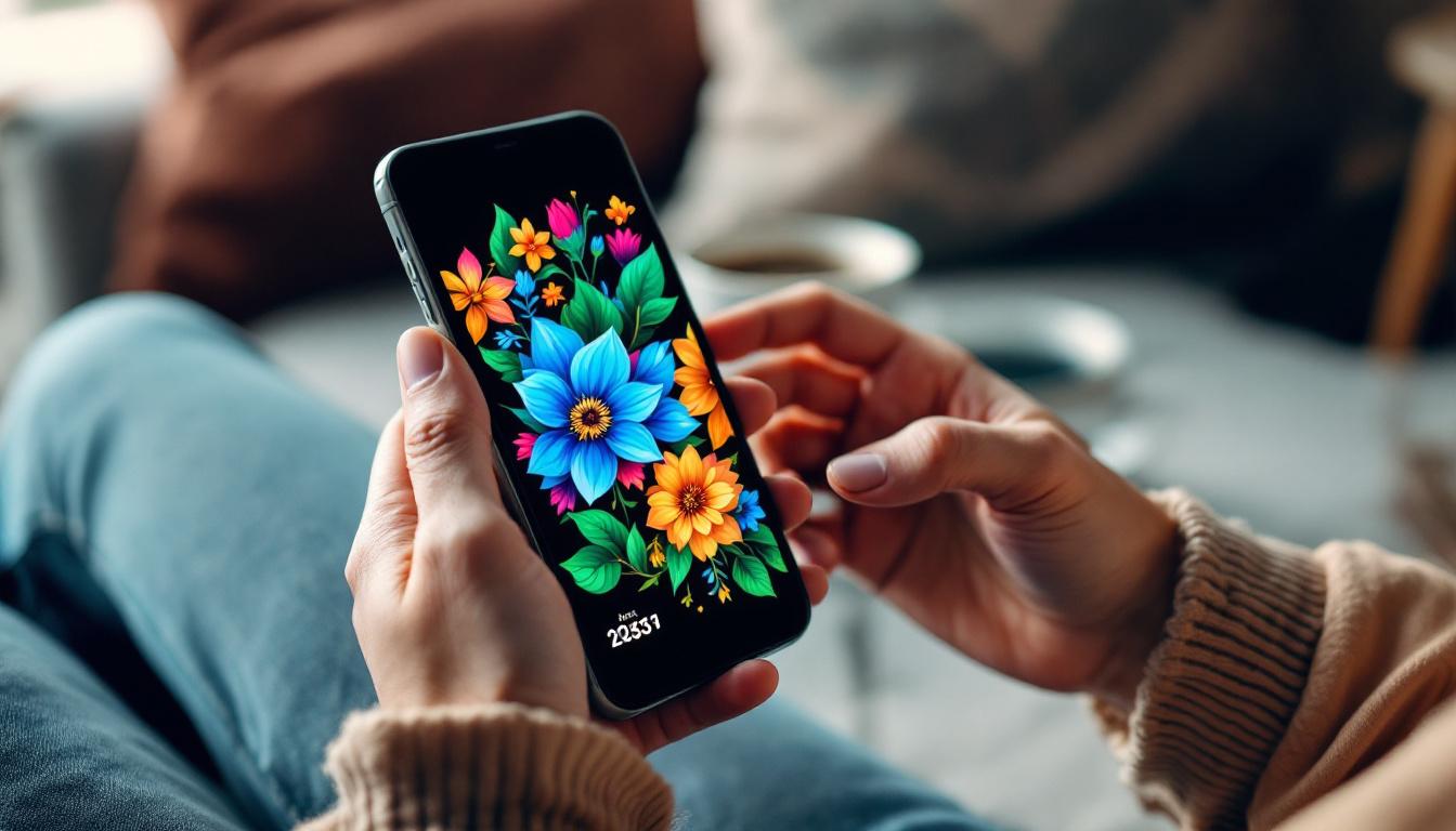 Person using smartphone for digital paint-by-numbers in comfortable modern setting
