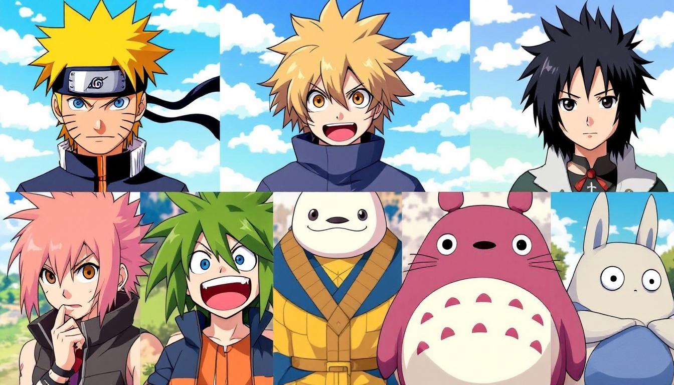 A showcase of anime and manga paint-by-numbers characters including Naruto and Studio Ghibli figures, rendered in paint-by-numbers style with characteristic anime features and vibrant colors