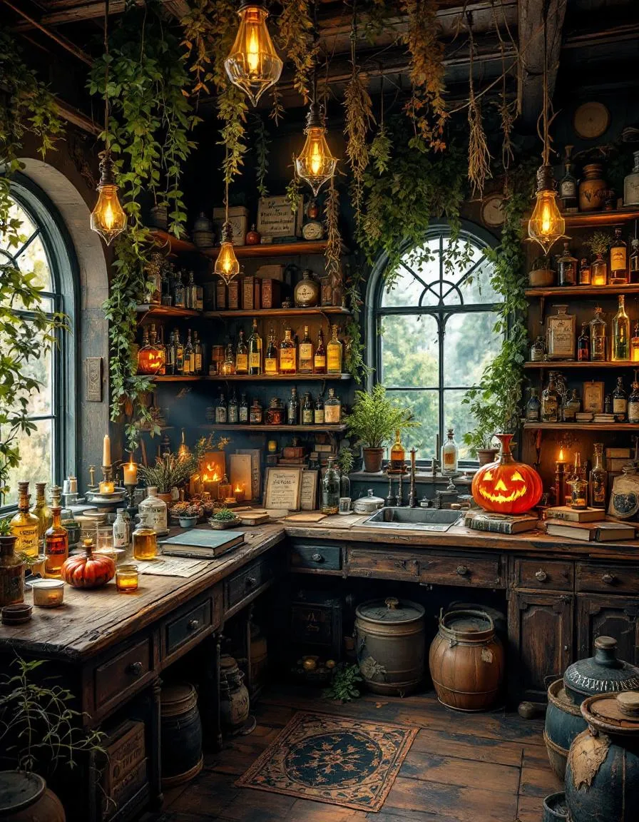 Vintage apothecary shop with magical bottles and spell books