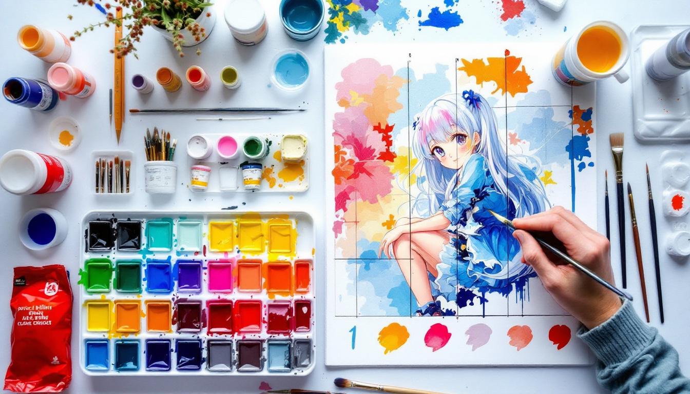 Organized paint-by-numbers supplies including acrylic paints, brushes, and anime canvas
