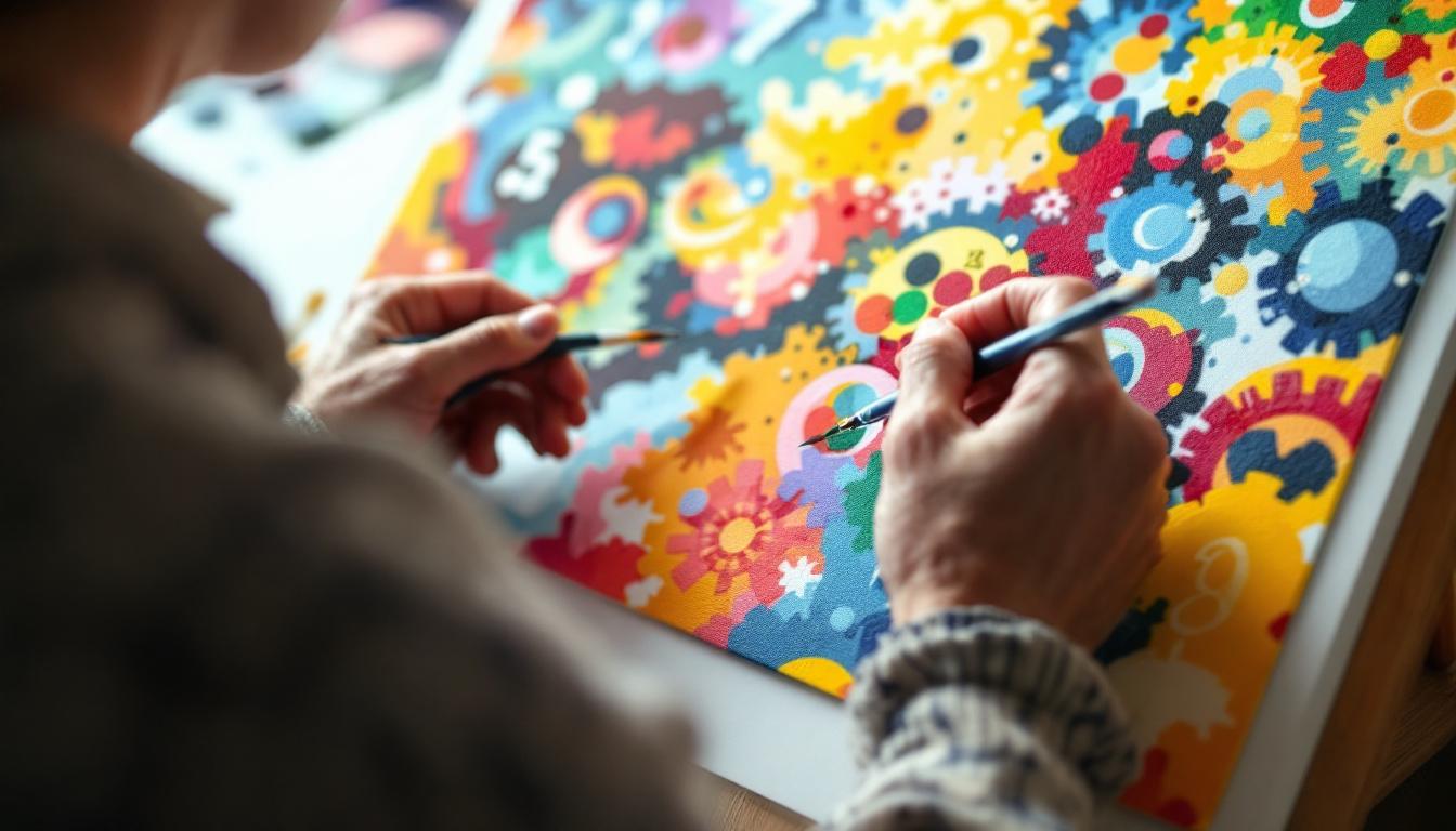 Adaptive paint by numbers tools for seniors including ergonomic brushes, magnifying glass, and large-print canvas for accessibility