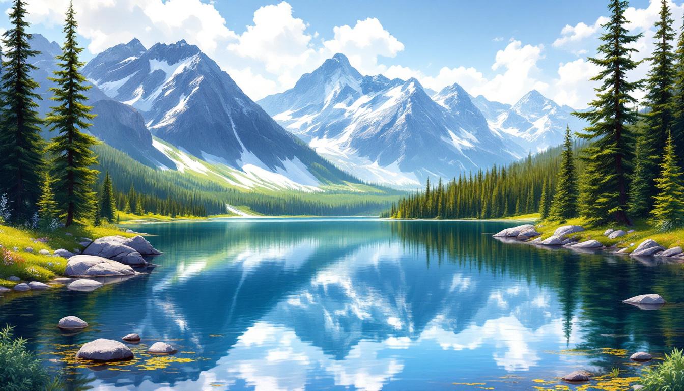 Crystal clear alpine lake reflecting snow-capped mountain peaks with evergreen trees, ideal for summer landscape paint by numbers scenes