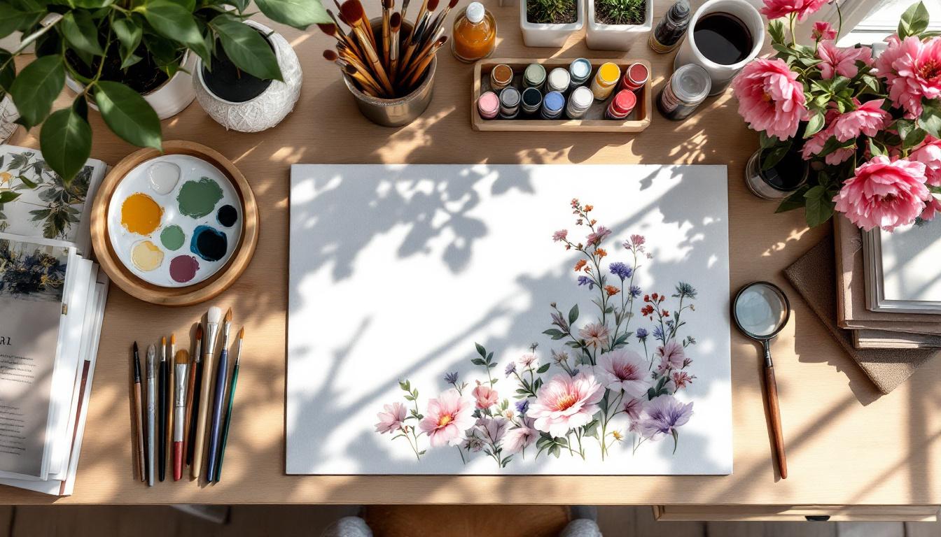 Organized painting workspace with botanical art supplies, reference books, and floral paint-by-numbers project in progress