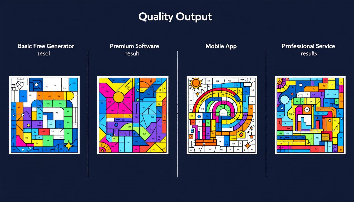 Quality output comparison showing four different paint-by-numbers templates created by different tools: basic free generator, premium software, mobile app, and professional service results, arranged side-by-side for comparison