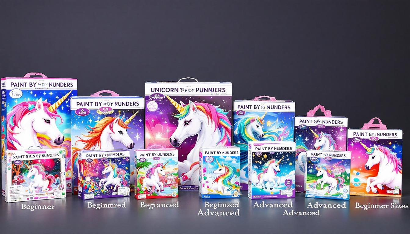 Comparison of different unicorn paint by numbers kits showing size and complexity options