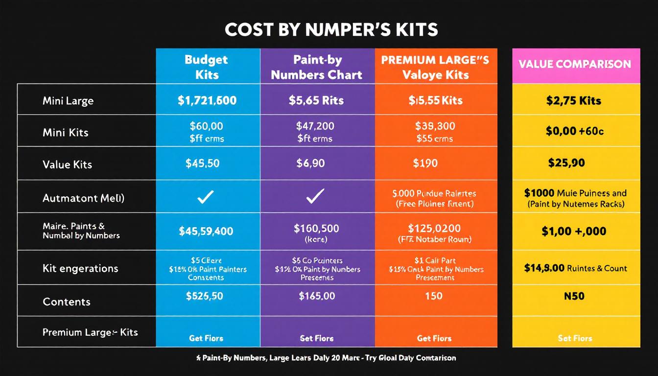 Visual comparison of paint-by-numbers kit prices and value across different sizes and complexity levels