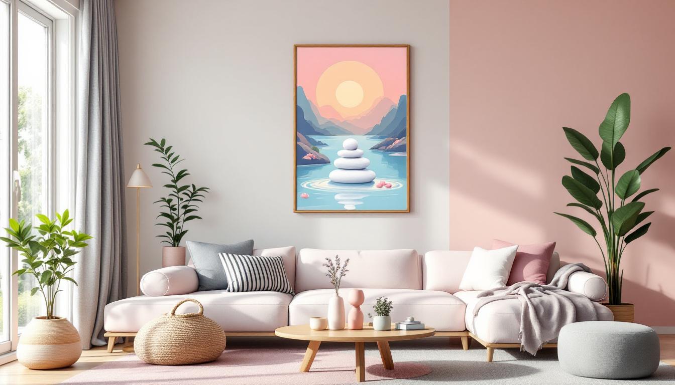 Cute zen paint by numbers artwork professionally displayed in modern home decor maintaining adult sophistication