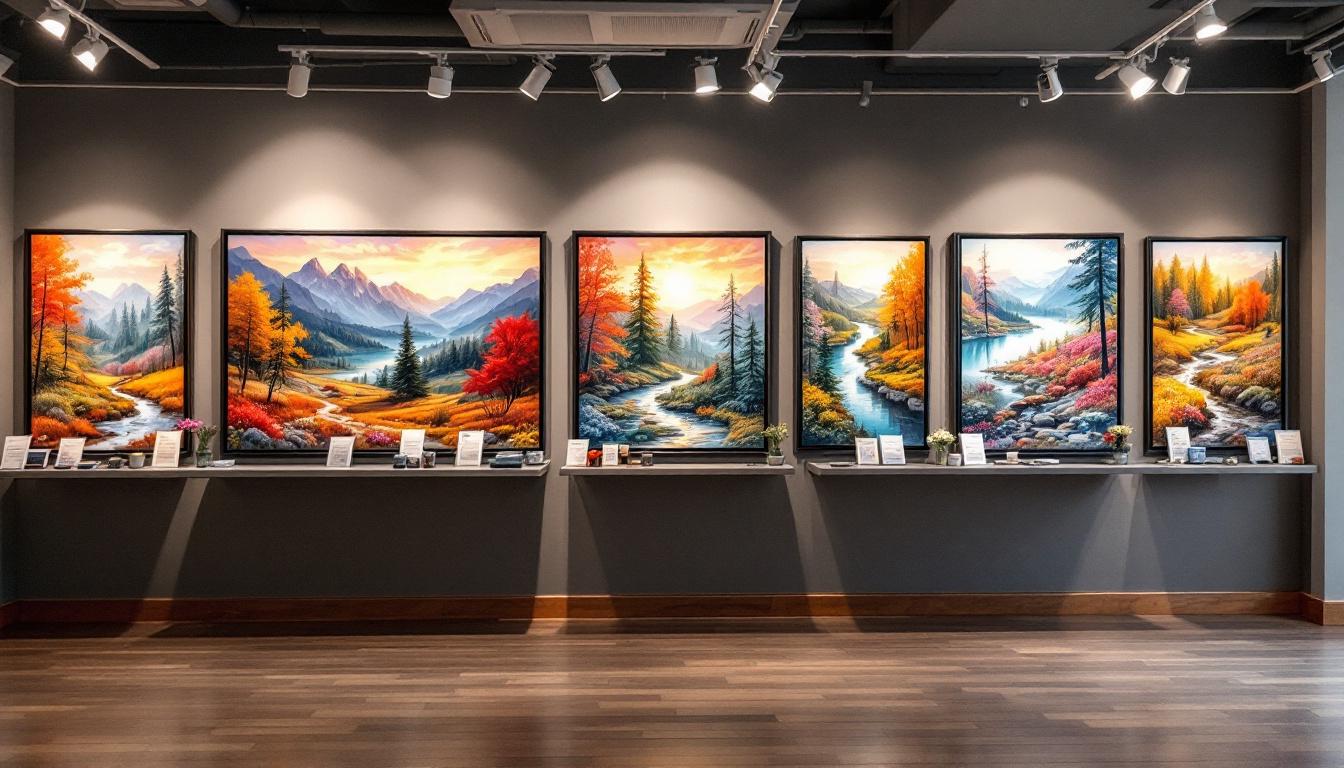 Gallery display showing multiple completed paint-by-numbers projects created from photos with professional presentation