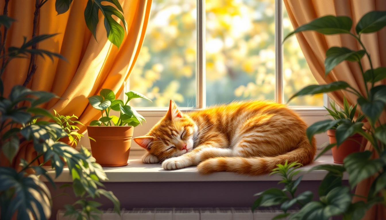Cozy ginger cat on sunny windowsill with houseplants paint-by-numbers scene