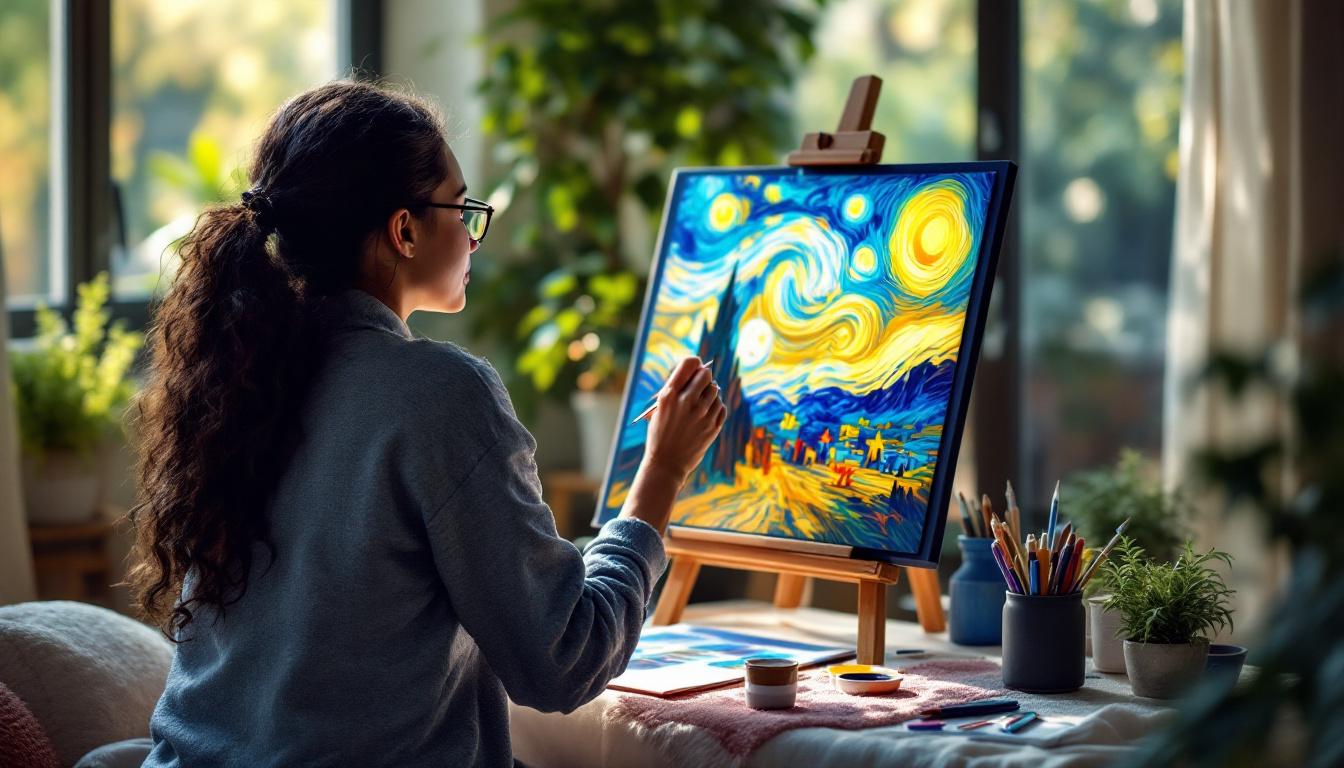A peaceful art therapy scene showing hands painting a Van Gogh-inspired landscape, with brushes and paints arranged calmly, demonstrating the meditative benefits of paint-by-numbers