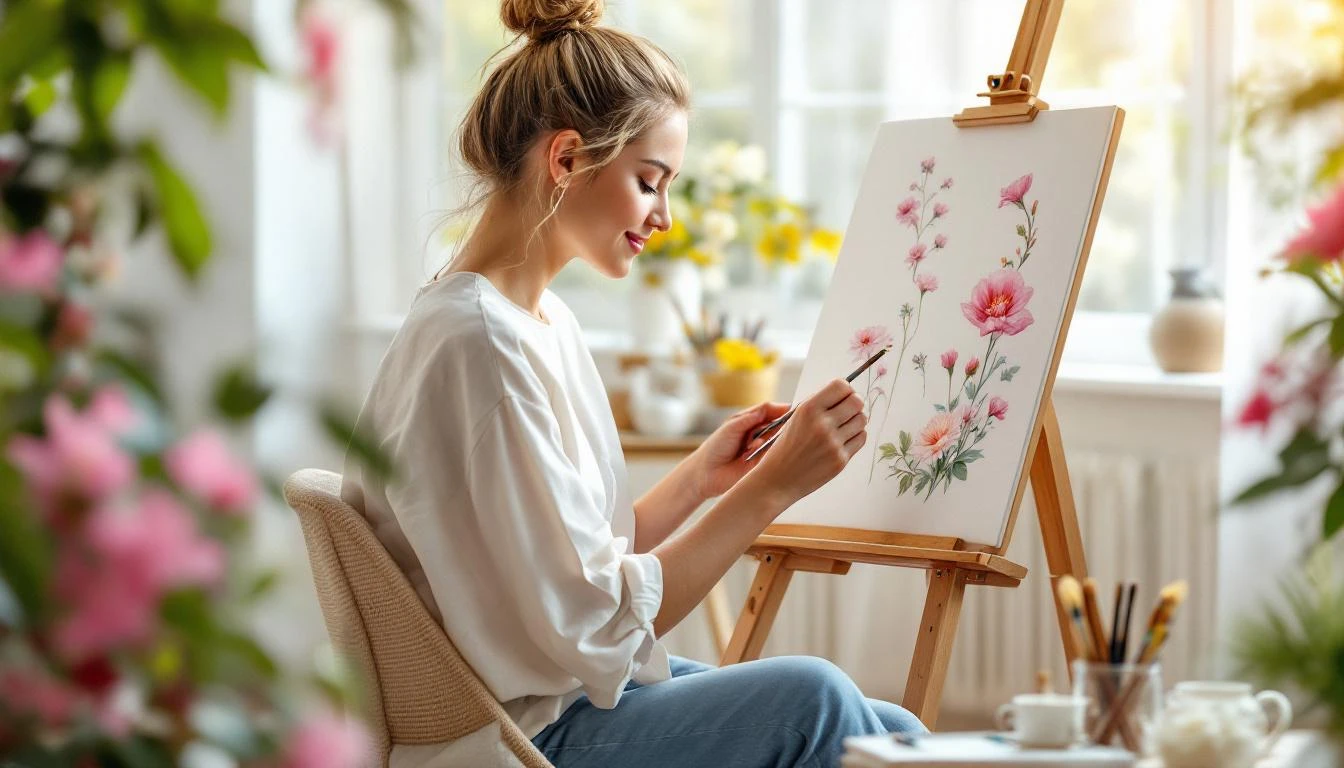 Person painting delicate flowers in a peaceful setting, showcasing the therapeutic benefits of floral paint-by-numbers art