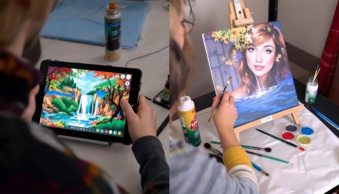 Digital paint-by-numbers app versus physical kit comparison showing both experiences