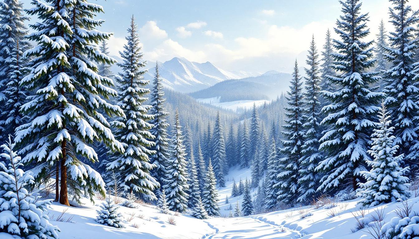 Pristine winter wonderland with snow-covered evergreen pine and fir trees in peaceful forest landscape, ideal for winter paint by numbers scenes
