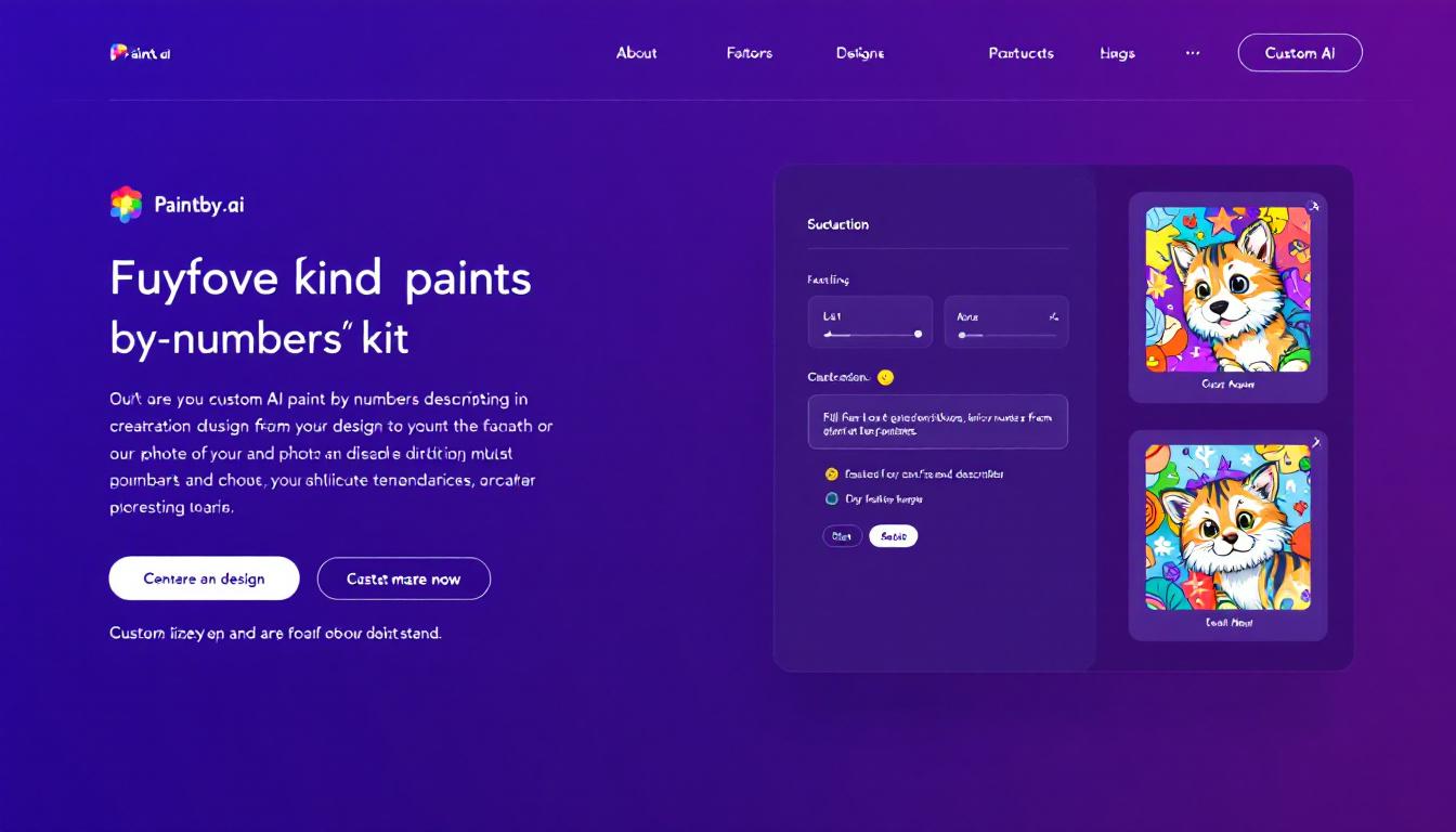Paintby.ai website interface showing custom AI paint-by-numbers kit creation process with personalization options