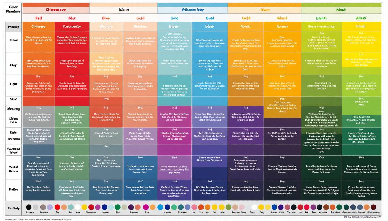 Cultural color symbolism chart comparing meanings of red, blue, gold, and green across Chinese, Western, Islamic, and Hindu traditions