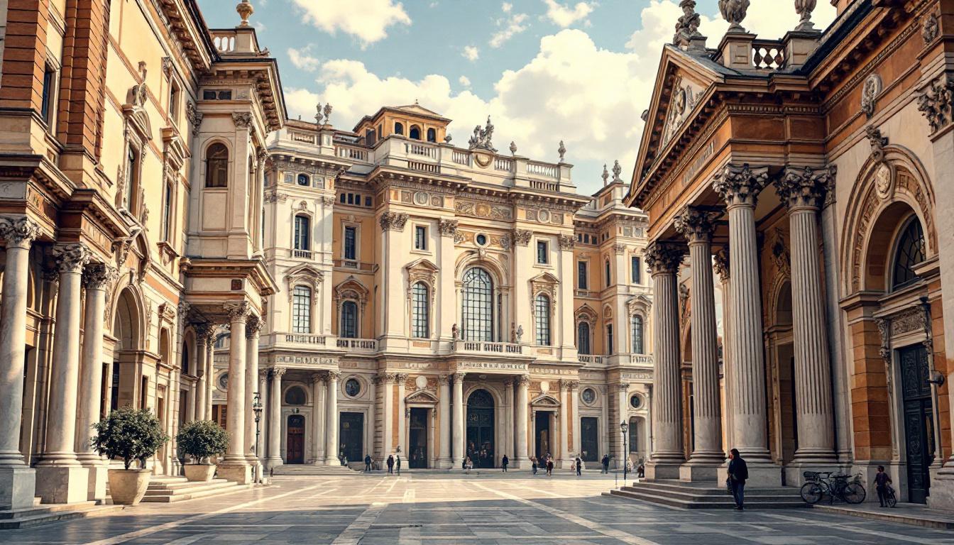 Italian Renaissance architecture with ornate buildings and classical columns in warm marble colors