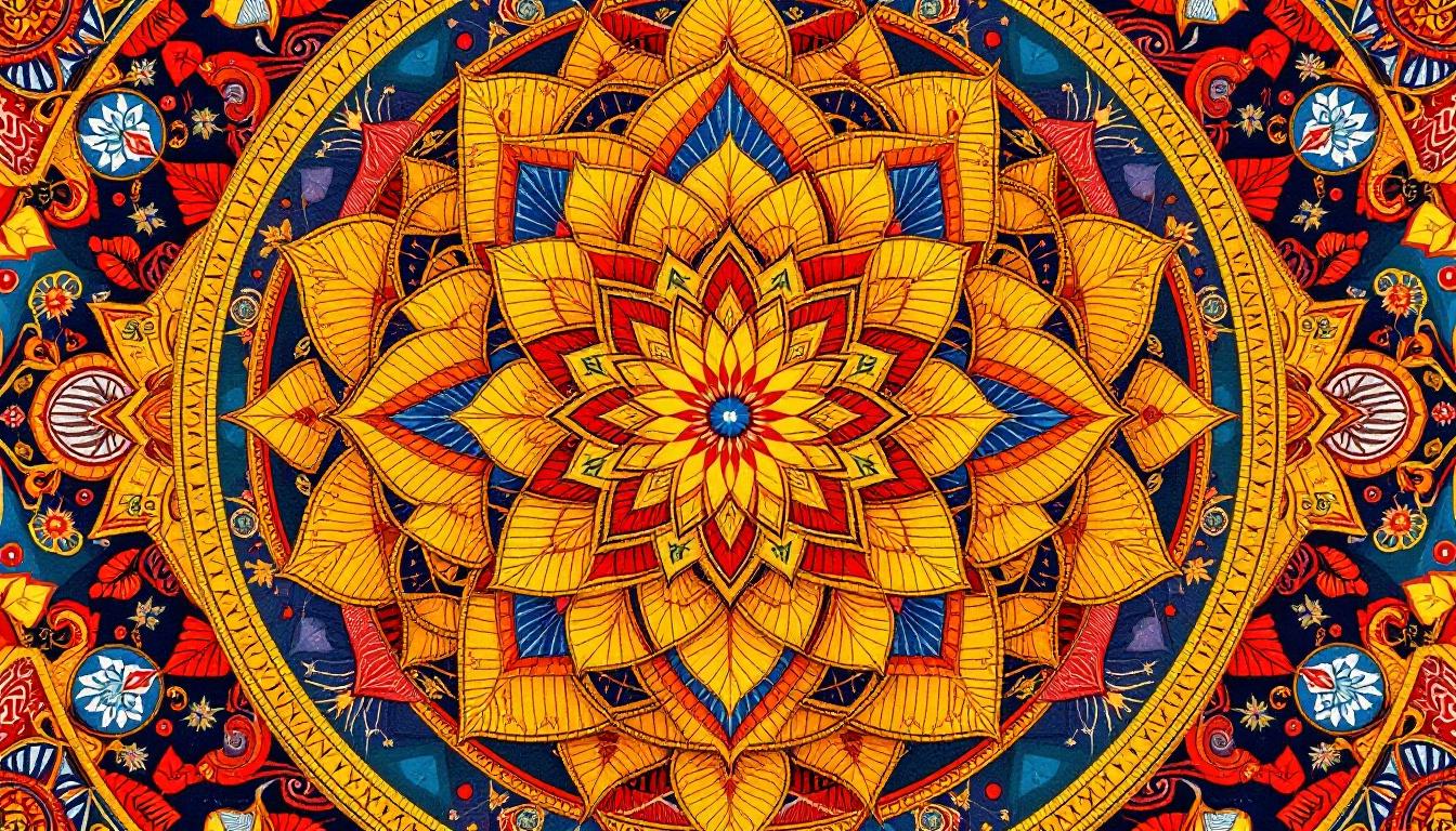 Intricate geometric mandala design with sacred symbols, lotus flowers, and traditional Indian patterns in vibrant colors, perfect for mindful paint-by-numbers meditation practice