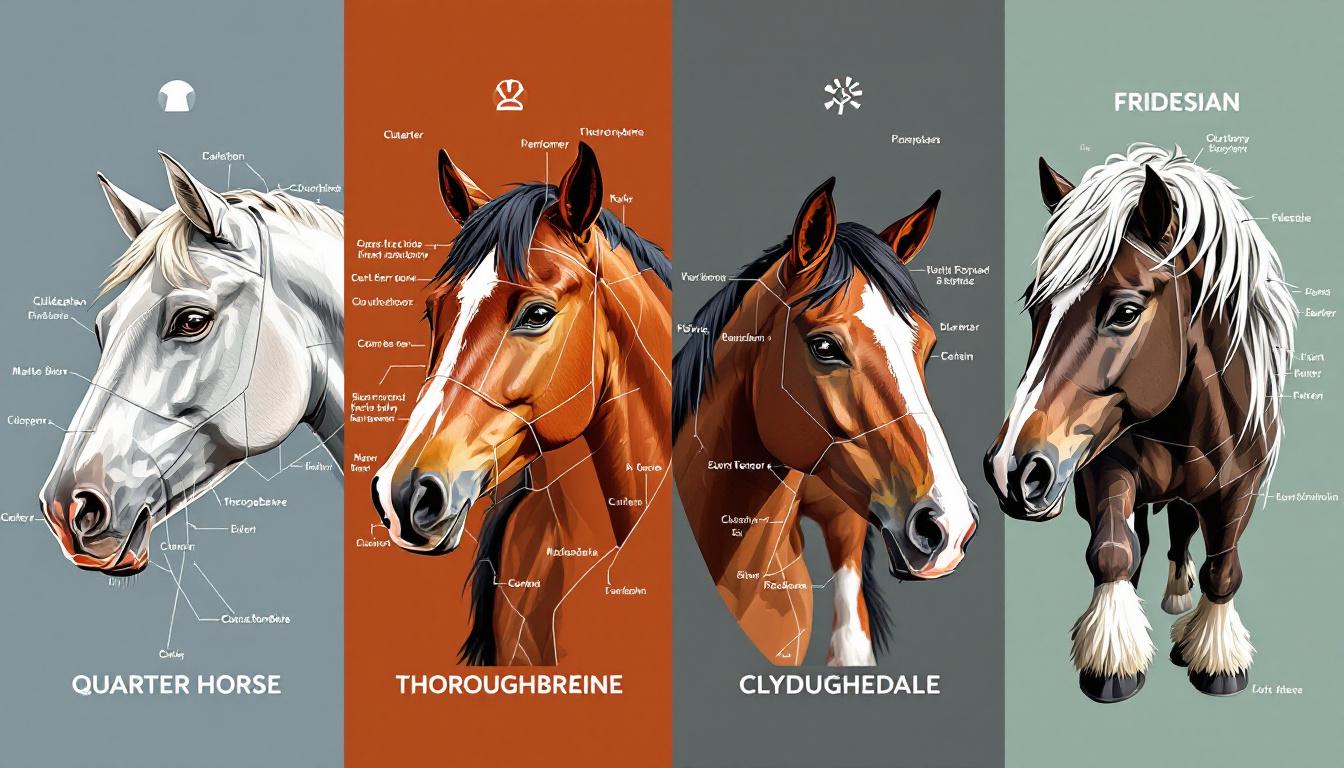 Educational comparison showing different horse breeds including Quarter Horse, Thoroughbred, Clydesdale, and Friesian with anatomical differences