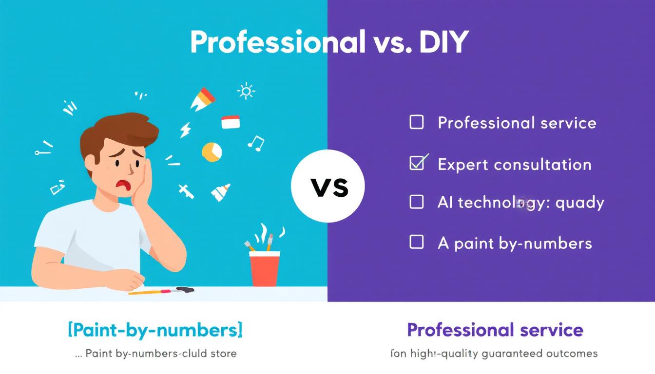 Professional versus DIY paint-by-numbers comparison showing two contrasting approaches: DIY frustration with basic tools and inconsistent results versus professional service with expert consultation and guaranteed high-quality outcomes