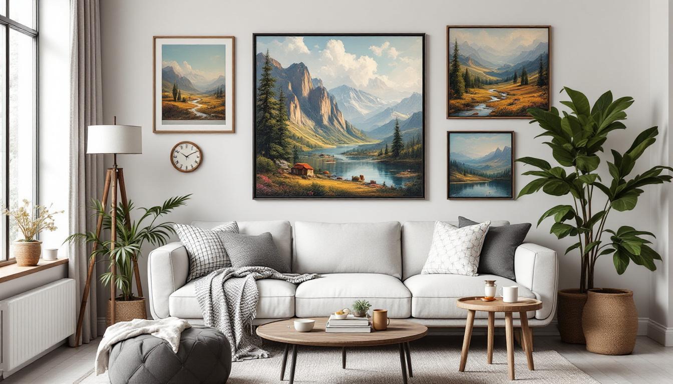 Stylish home interior decorated with vintage paint by numbers artwork in gallery wall display