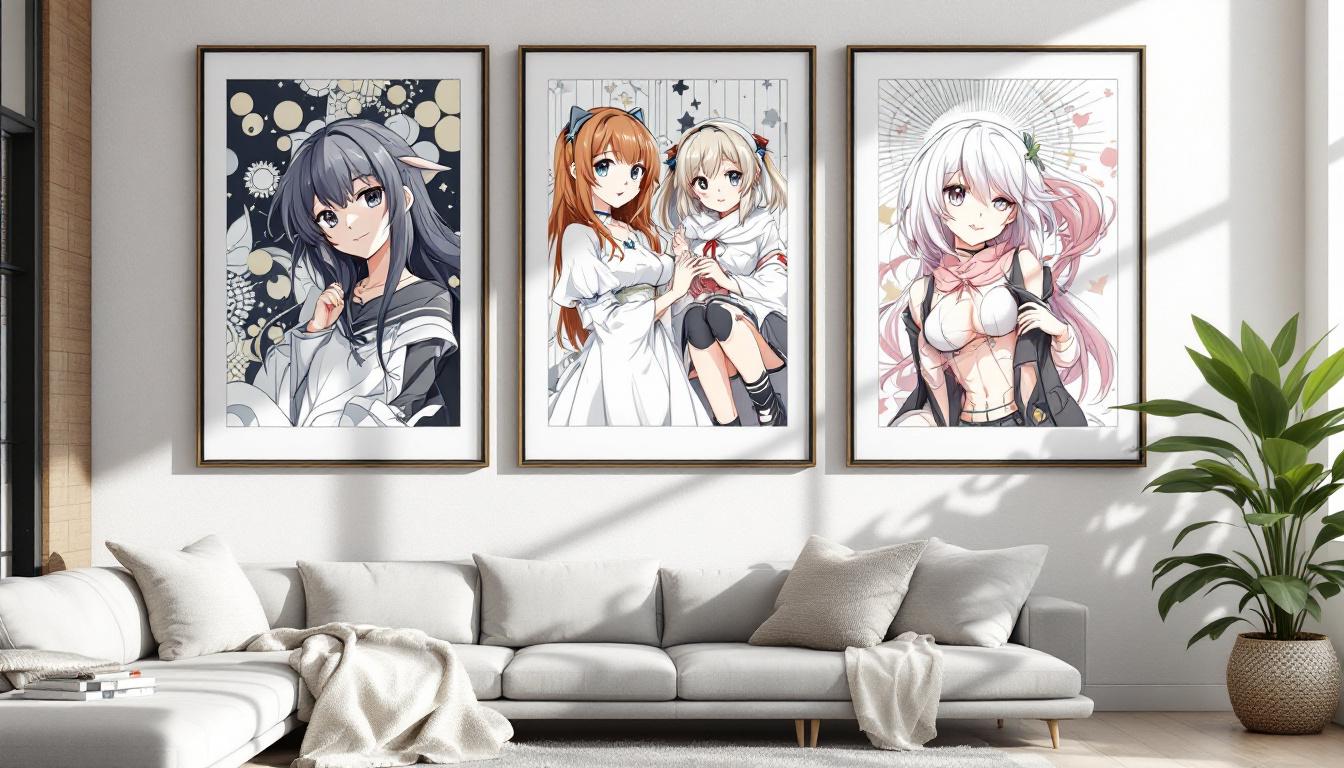 Gallery display of completed anime paint-by-numbers artworks in modern home setting