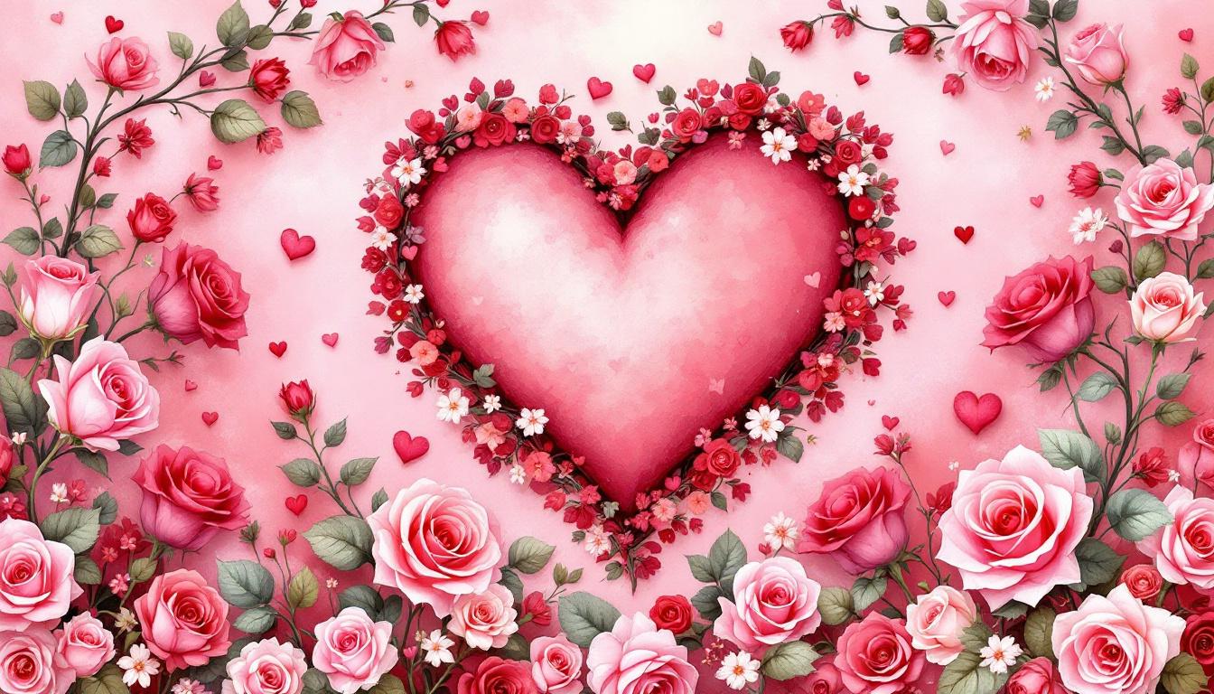 Valentine's Day romantic scene with hearts, roses, and cupid in paint-by-numbers style