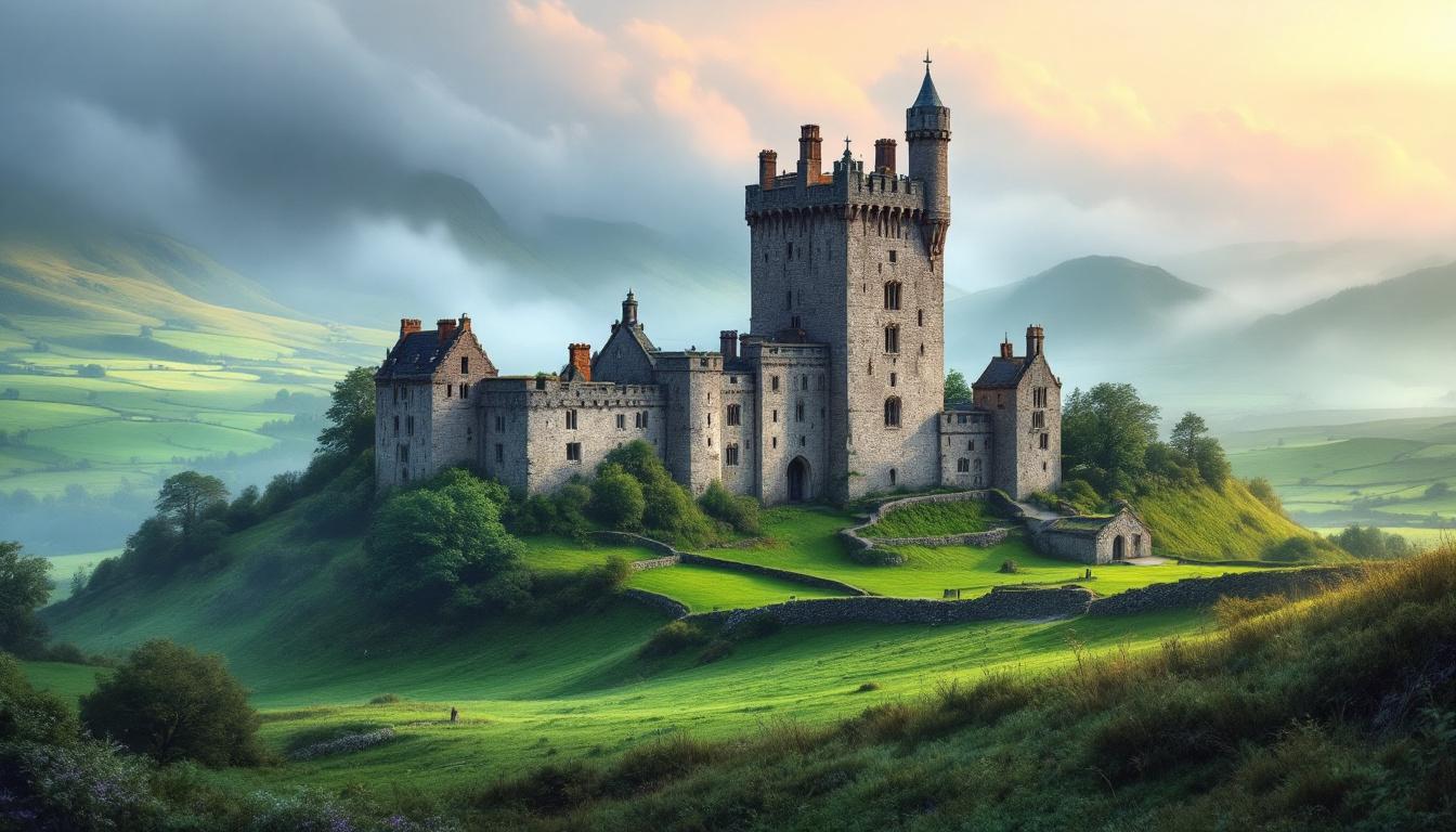 Traditional Irish castle on a hill overlooking emerald green fields with misty atmospheric colors